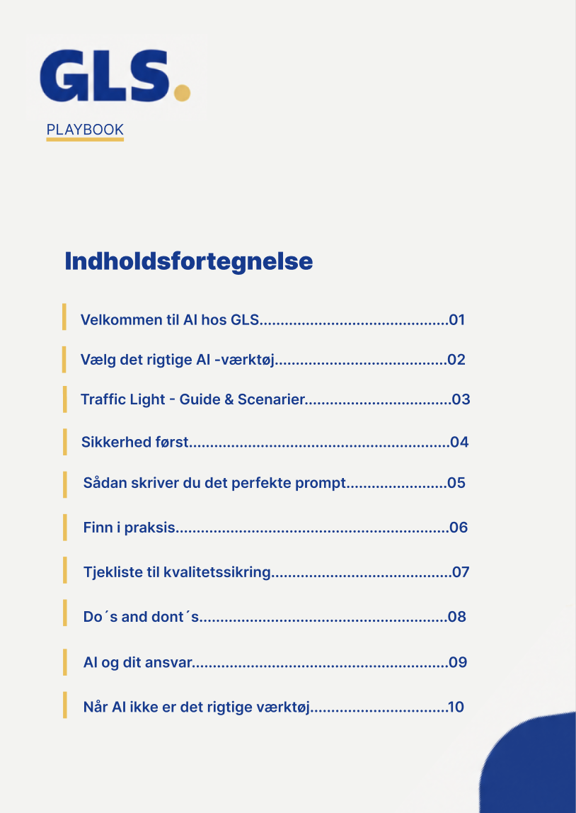 Indholdsfortegnelsen i GLS AI Playbook med ti kapitler